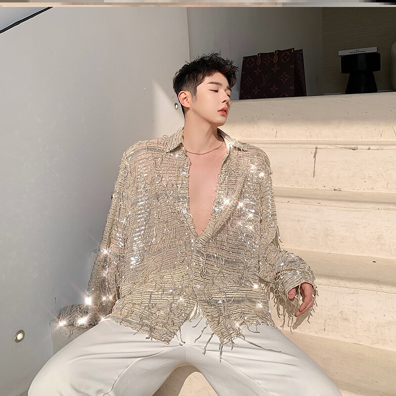 韩风亮片衬衫男长袖时尚流苏设计宽松上衣薄夜店酒吧舞蹈表演服装