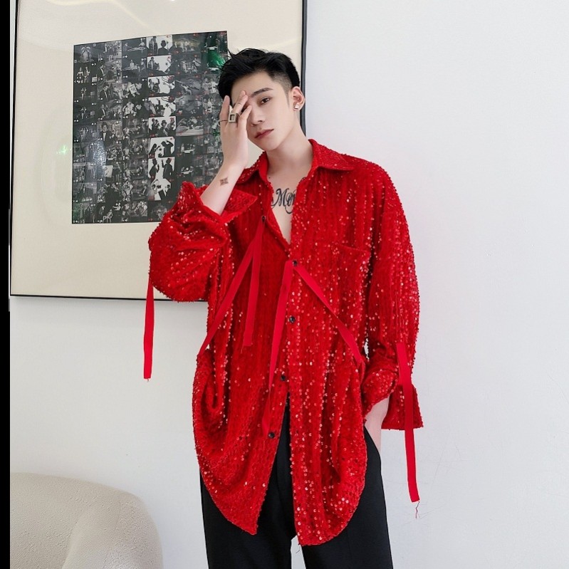 亮片衬衫男骚气上衣嘻哈男装潮牌宽松个性衬衣dj歌手舞台演出服装