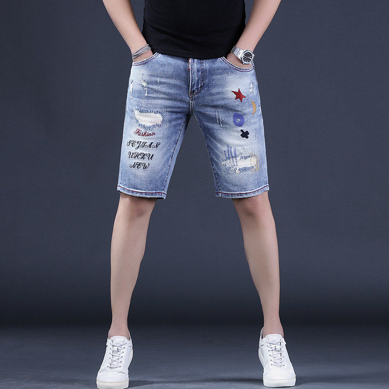 潮牌夏季牛仔短裤男修身大码休闲破洞五分裤韩版潮流百搭薄款马裤