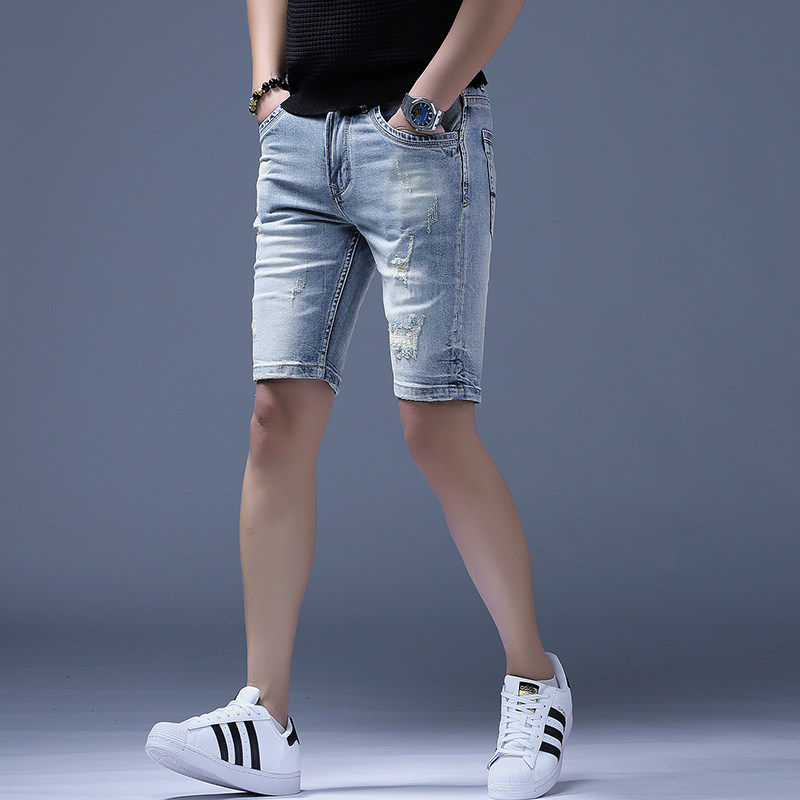 夏季薄款牛仔短裤男士休闲新款时尚破洞五分裤个性直筒高端男裤子