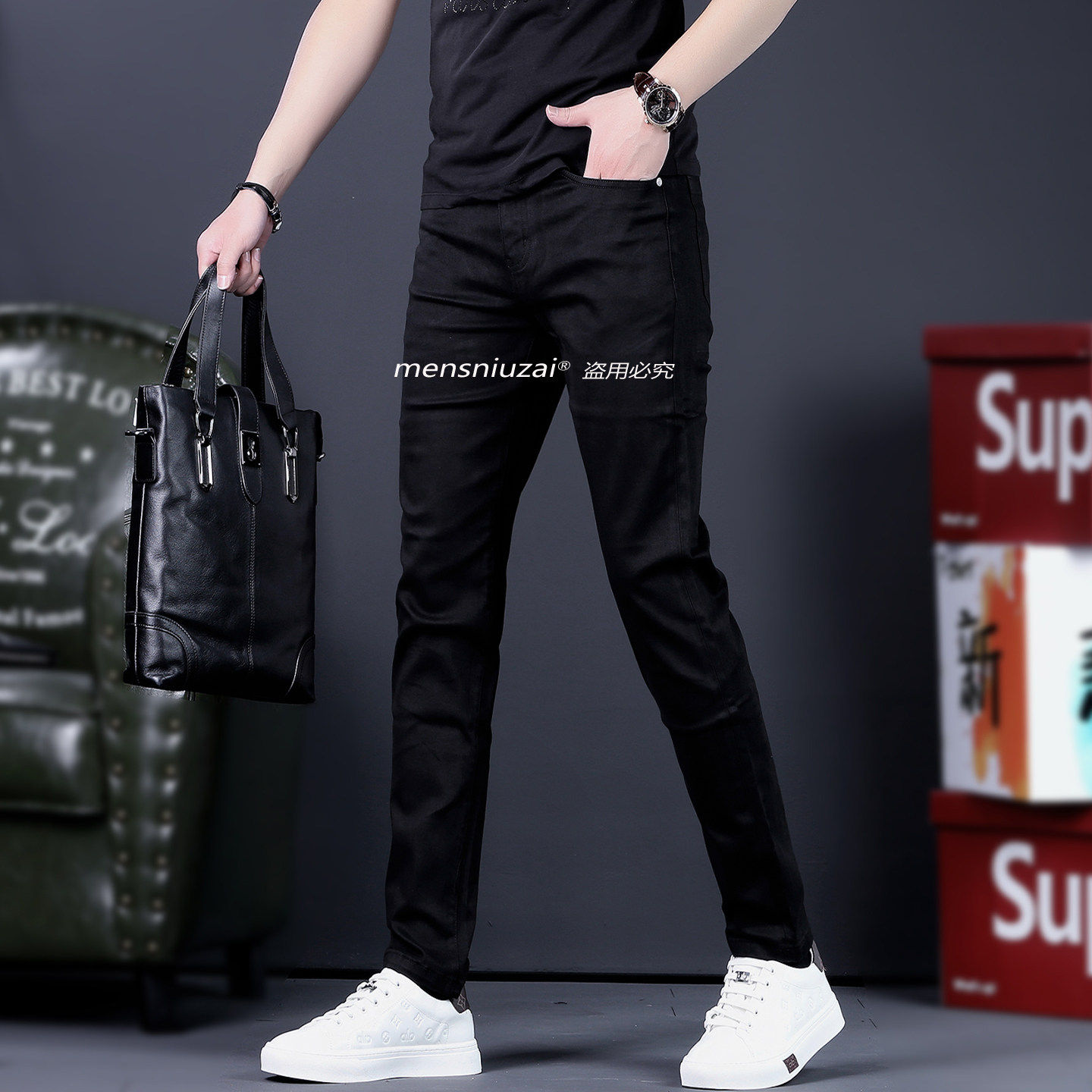 男士刺绣黑色牛仔裤2026新款潮牌高端修身九分长裤潮流裤子小脚裤