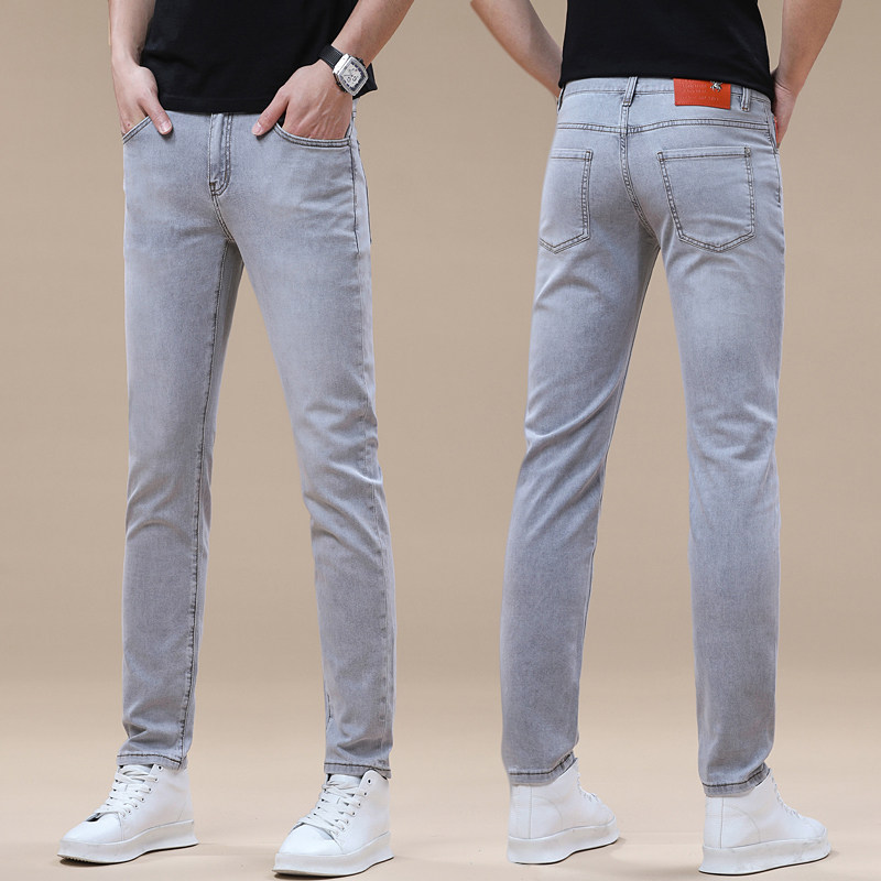高端潮牌男士牛仔裤冰银灰修身百搭小脚裤子男 九分/长裤可选