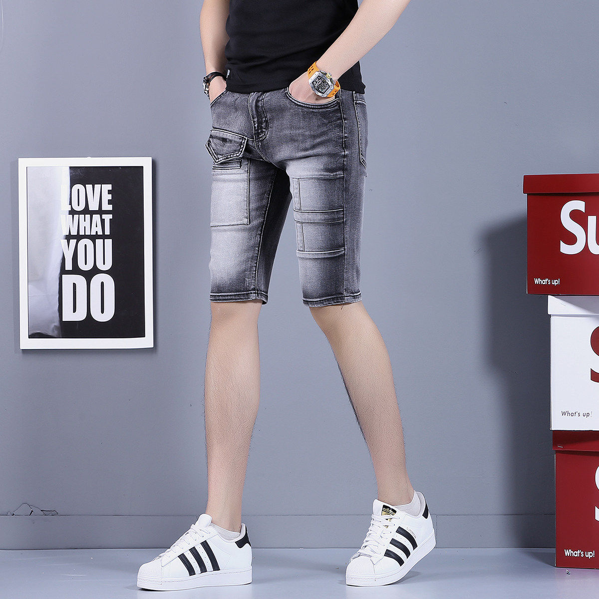 夏季薄款工装牛仔短裤男复古潮牌中裤男士修身休闲弹力五分裤男款