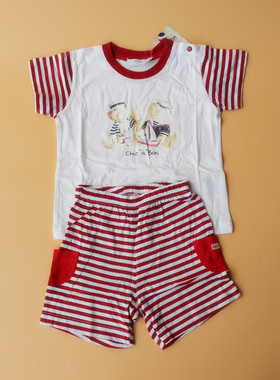 伊莎堡absorba童装夏婴儿男童宝宝纯棉条纹短袖t恤衫裤子套装超值