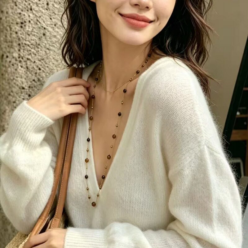 秋冬新款毛衣链天然虎眼石圆珠钛钢链长项链不退色美拉德色颈链