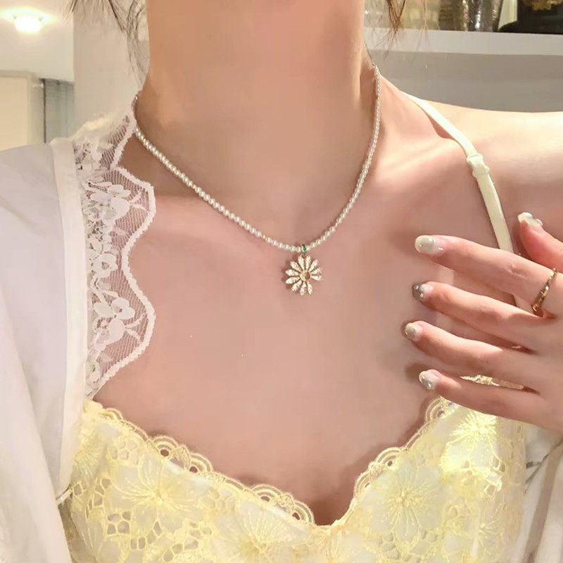 爆闪满钻雏菊花朵珍珠项链女森系锁骨链颈链时髦气质颈链通勤配饰