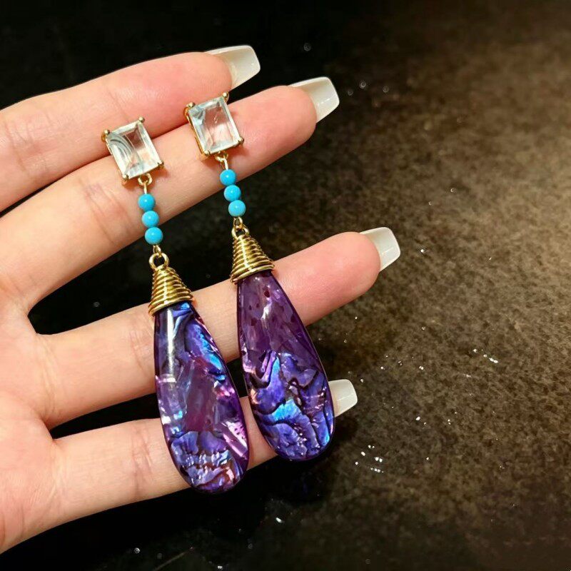925银针中古vintage轻奢紫水滴长款耳环女通透方钻绿松石串珠耳坠