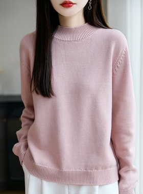 不起球纯棉线半高领打底衫女上衣秋冬宽松内搭针织衫新款加厚毛衣