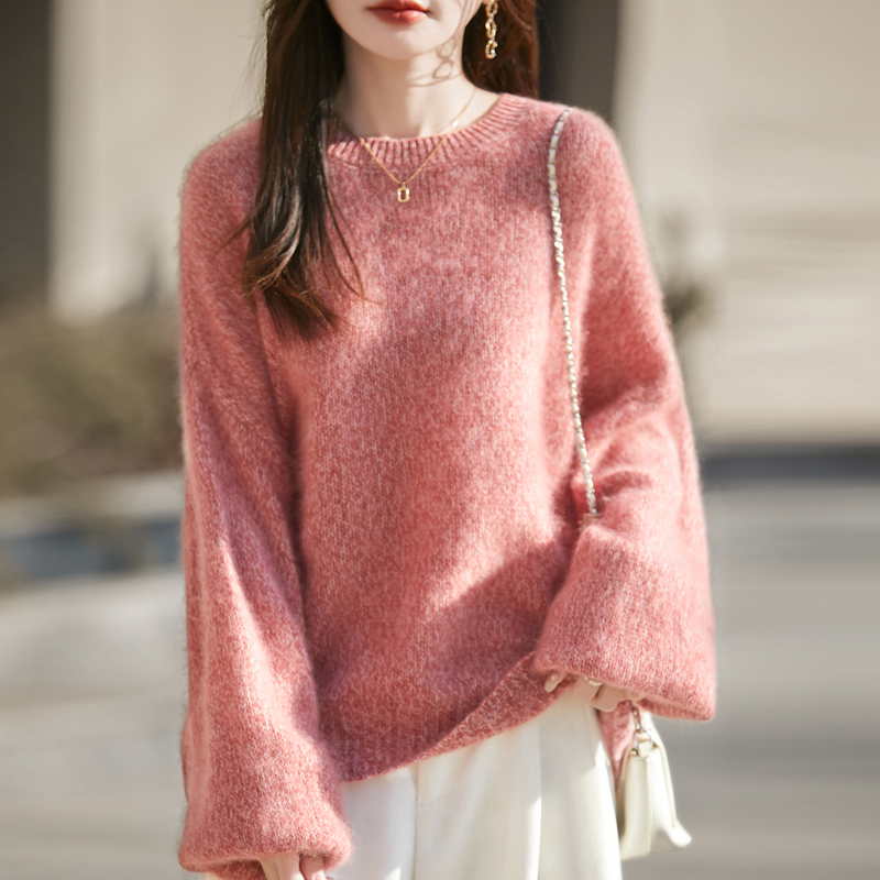 一线圆领拉绒羊绒衫女