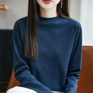 100%纯棉长袖 宽松内搭全棉上衣 T恤女春秋新款 半高领丝光棉打底衫