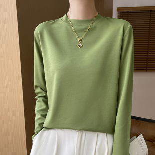 体恤上衣 内搭丝光棉打底衫 半高领纯棉长袖 t恤女宽松正肩春秋新款