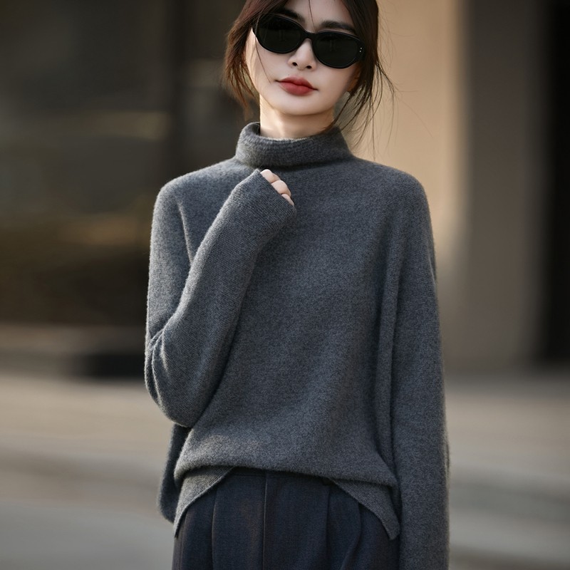 慵懒风堆堆领100羊毛针织衫女灰色宽松套头毛衣高领加厚羊绒打底