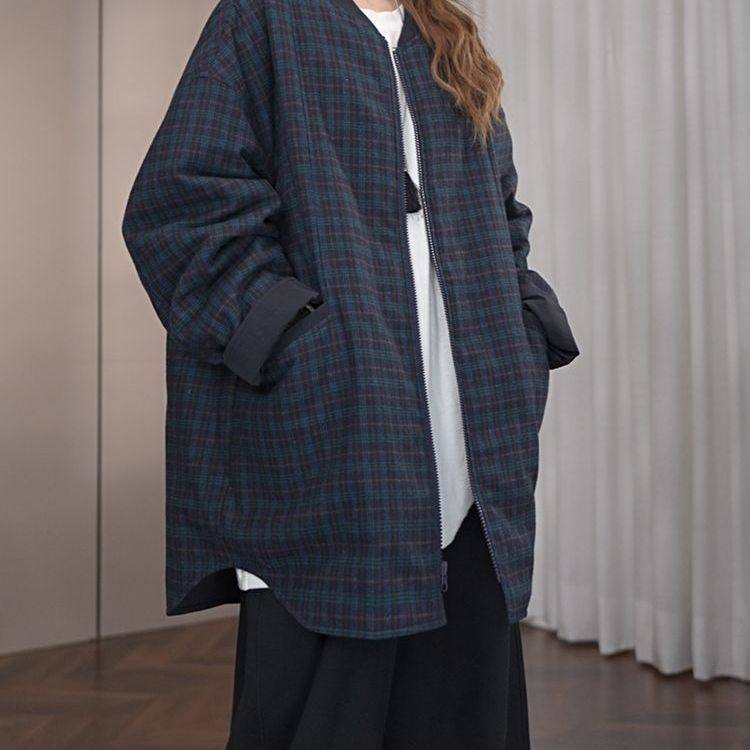 设计感拼接撞色慵懒单面穿长袖棉衣格子女2025冬季夹棉保暖薄外套