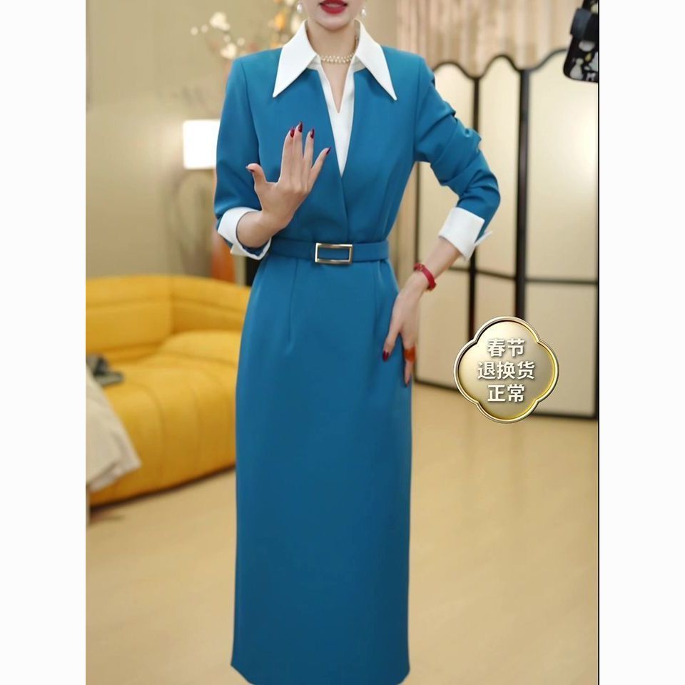 高级感假两件连衣裙女春季新款polo领收腰显瘦中长款裙子洋气时尚