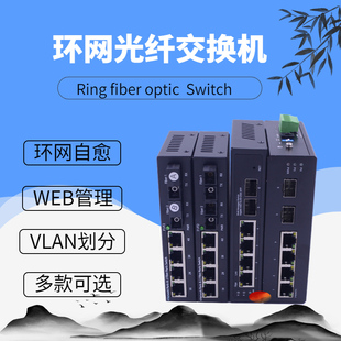 16电环网光纤收发器 SFP光纤交换机WEB管理型 冗余自愈环网 锐闪 串联LC 8电 工业级导规式 千兆2光4电