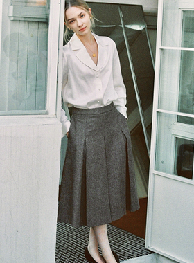 Into Fiction 50%羊毛千鸟格人字纹粗花呢复古格纹裙毛呢半身裙