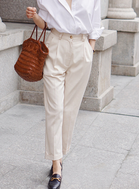 Into Fiction 法式经典高腰梨形身材友好米色显腿长腿直锥形长裤