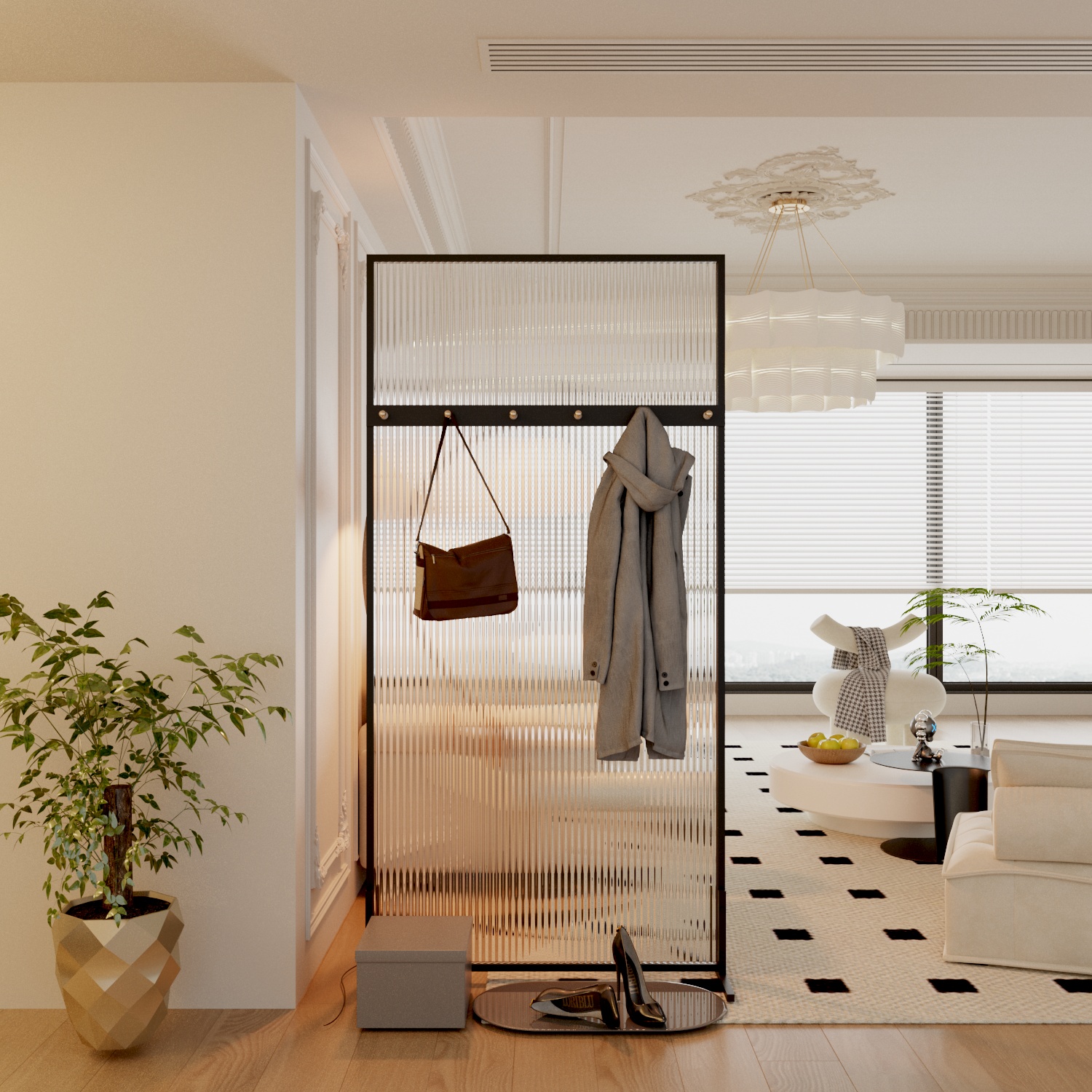 现代简约客厅玄关卧遮挡长虹玻璃屏风隔断墙2025新款可移动衣帽架