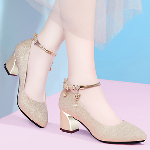 浅口单鞋女春秋真皮软底舒适粗跟中跟冬季一字带旗袍高跟鞋不累脚