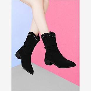 品牌尖头马丁靴女款2025新款秋冬加绒短靴中跟粗跟中筒靴子瘦瘦靴