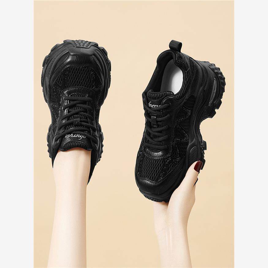 厚底老爹鞋女款2025新款春秋季小个子百搭时尚增高黑色休闲运动鞋