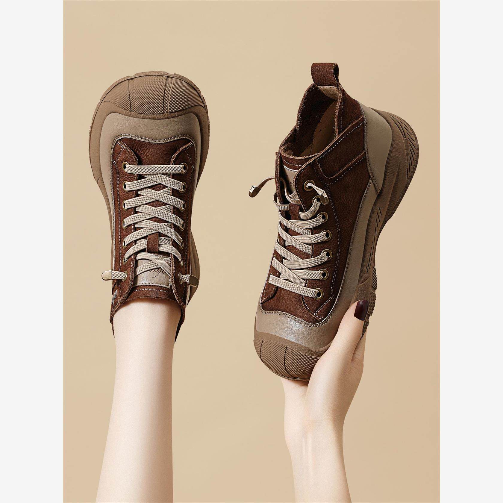 头层牛皮高帮鞋女2025春秋新款舒适软底休闲百搭覆古真皮厚底短靴