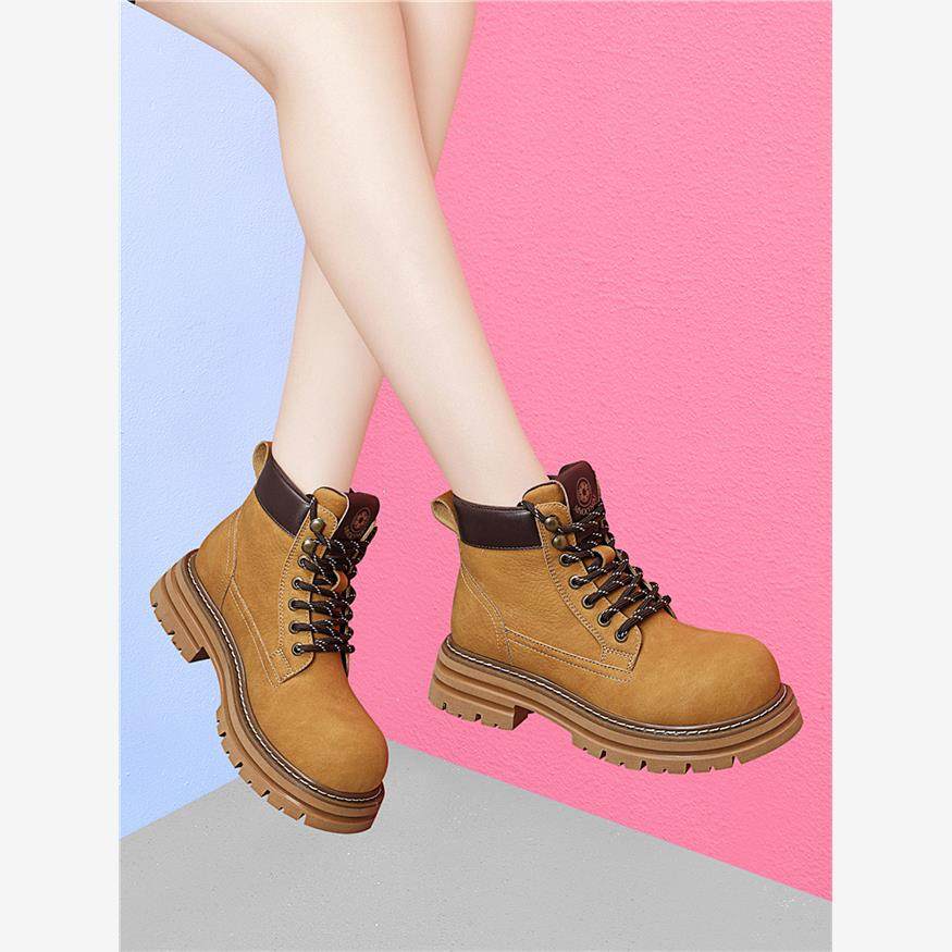 品牌真皮黄色马丁靴女款2025新款秋冬厚底粗跟洋气小短靴瘦瘦靴子