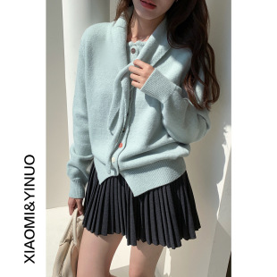 头巾 女 设计感彩扣圆领针织开衫 韩系软糯显瘦毛衣女2091 欧凡