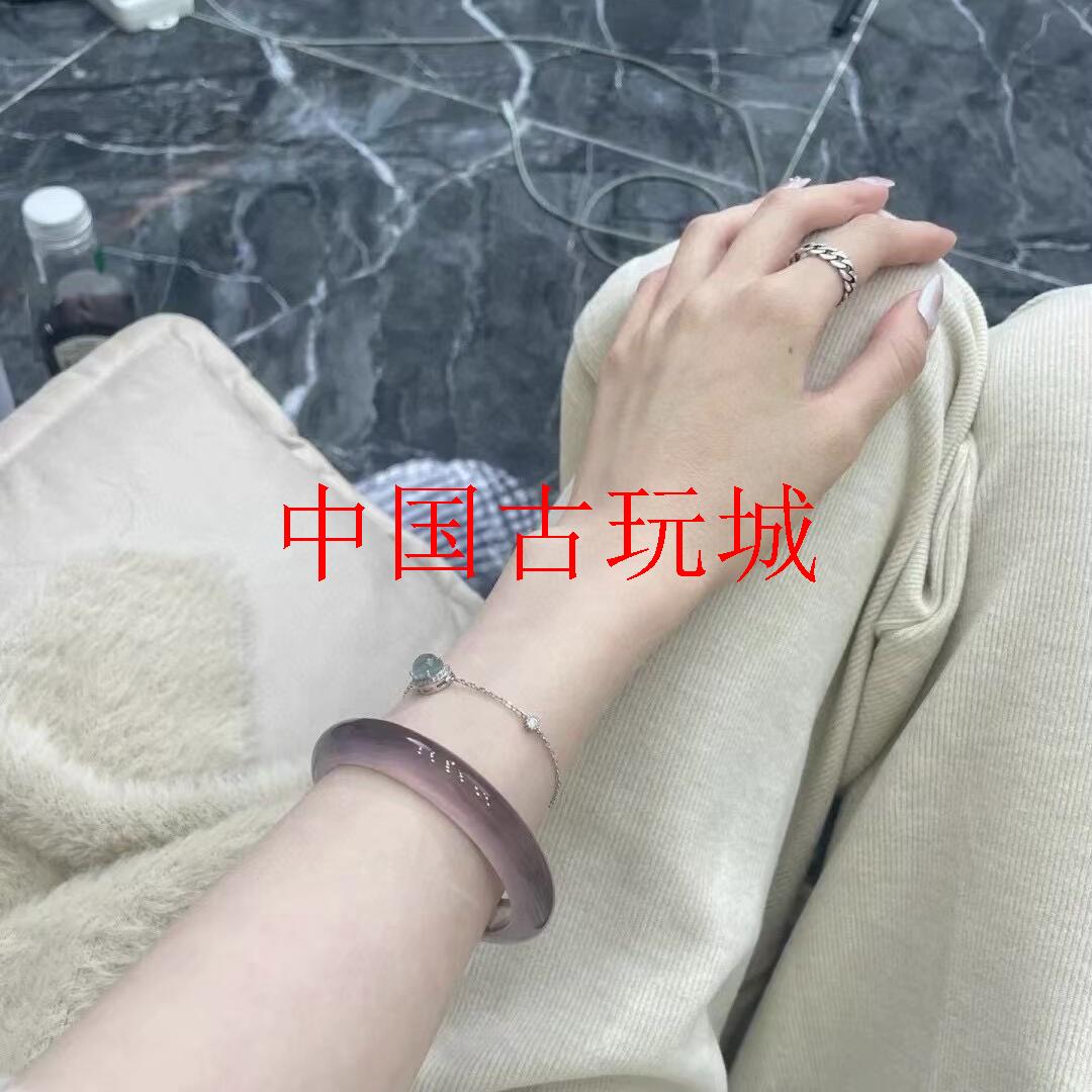 精品高冰种紫罗兰玛瑙手镯帝王紫冰透玉髓手镯烟紫色玉石镯子女款