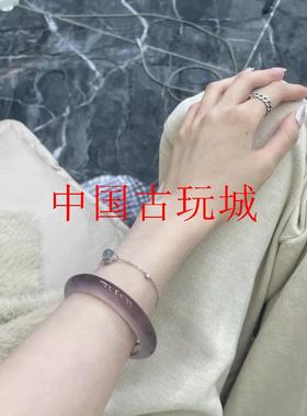精品高冰种紫罗兰玛瑙手镯帝王紫冰透玉髓手镯烟紫色玉石镯子女款
