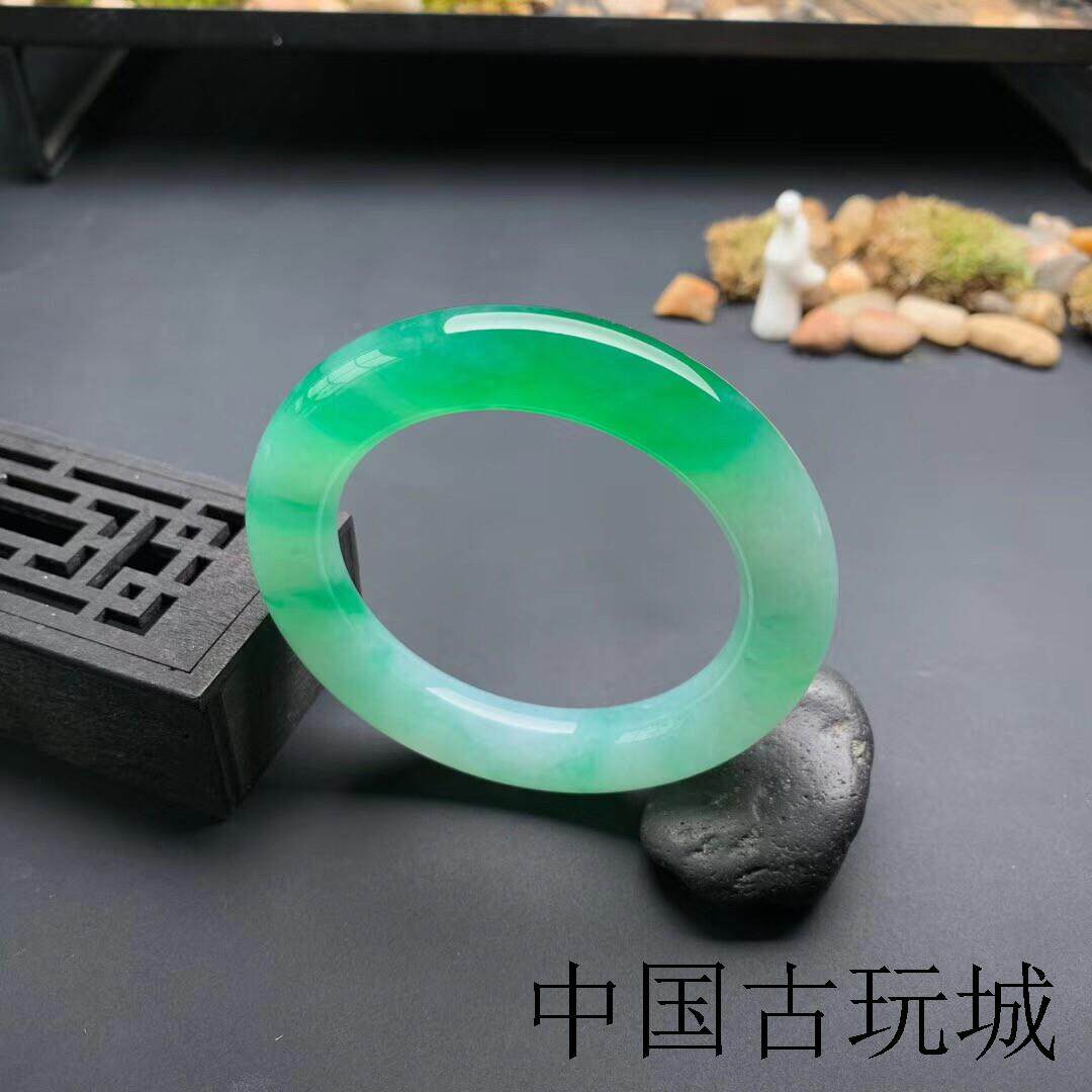 精选缅甸玉石翡翠色阳绿手镯圆条平安扣镶嵌珠宝玉石处理镯子证书