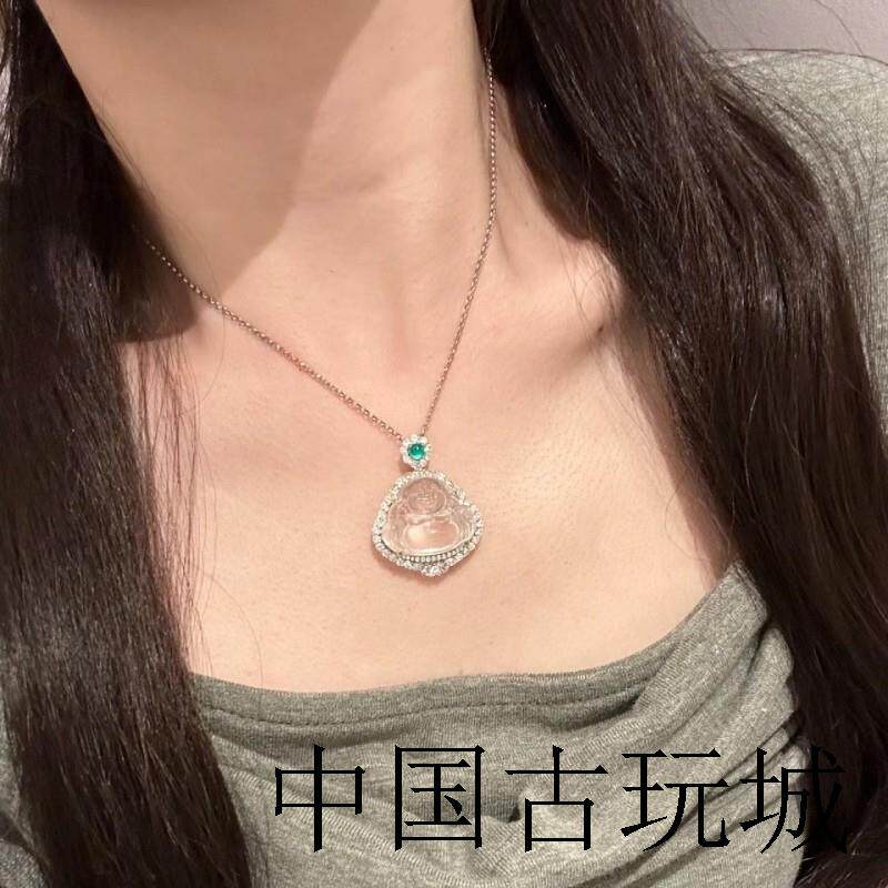 翡翠色冰种佛公吊坠镶嵌弥勒佛毛衣链项链颈饰挂件纯欲感高冰透款