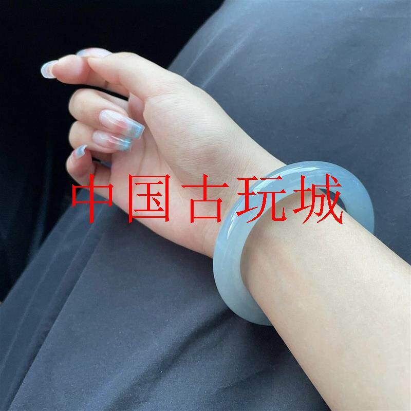 海蓝宝镯子饰品冰晴水绿库里蓝玉髓圆条古风女高冰种玛瑙小众汉服