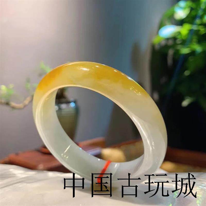 缅甸翡翠色黄翡冰糯种手镯正圈鸡油黄蜜糖色老坑玉手镯翡翠色处理