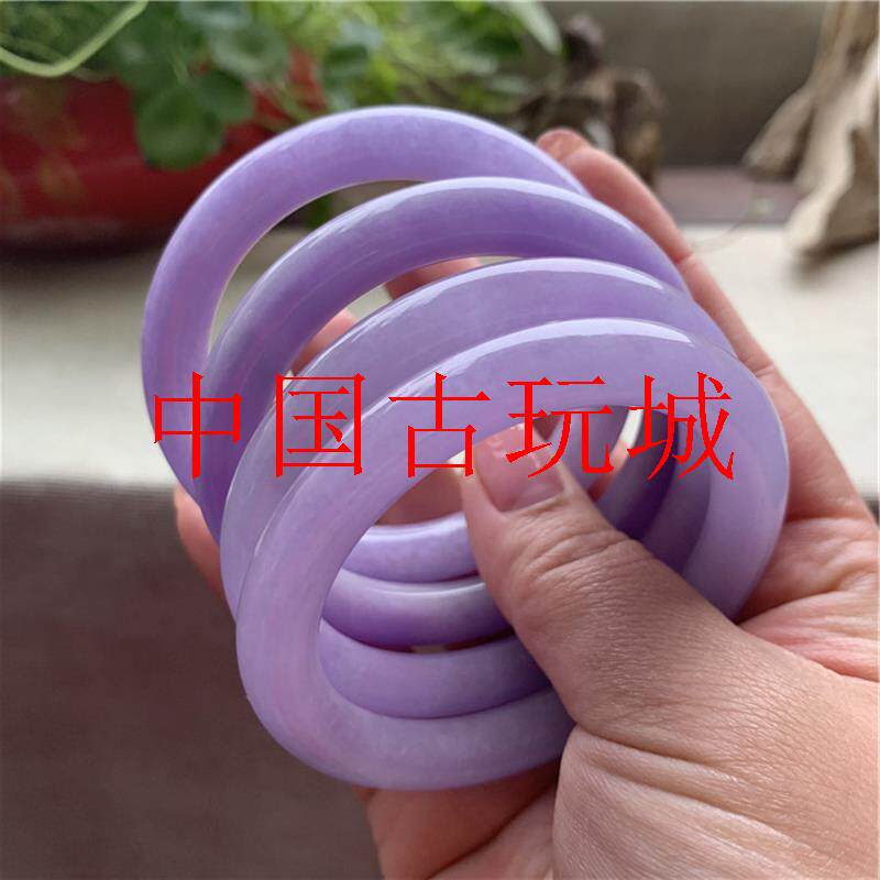 高端缅甸翡翠色圆条粉紫色玉手镯淡浅紫罗兰满紫玉镯子时尚百搭款
