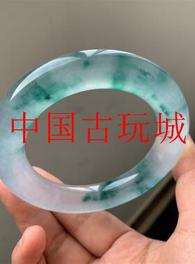 高端缅甸老坑翡翠色高冰蓝水飘花手镯冰种胖圆条正圈冰透复古镯子