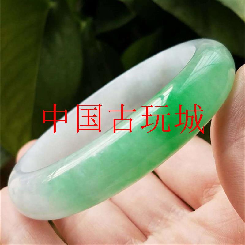 缅甸翡翠色手镯冰糯种阳绿手镯清冷感白底飘花古风玉镯高级感女款