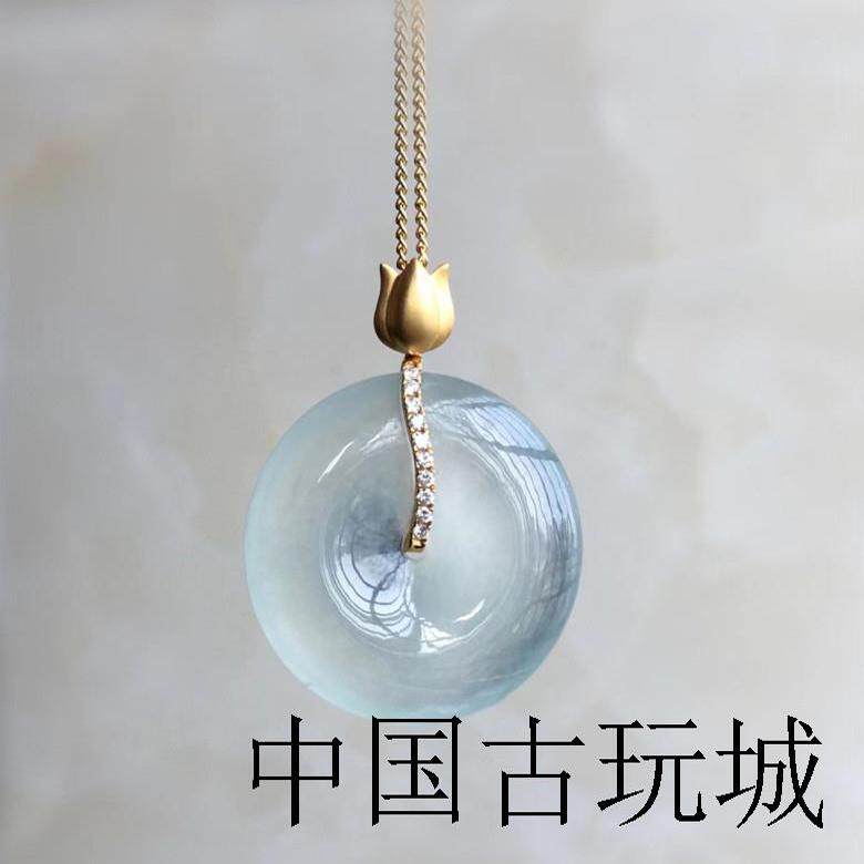 冰种翡翠色平安扣玉吊坠高冰18k金镶嵌高端缅甸挂件高品锁骨项链