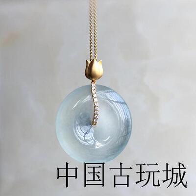 冰种翡翠色平安扣玉吊坠高冰18k金镶嵌高端缅甸挂件高品锁骨项链