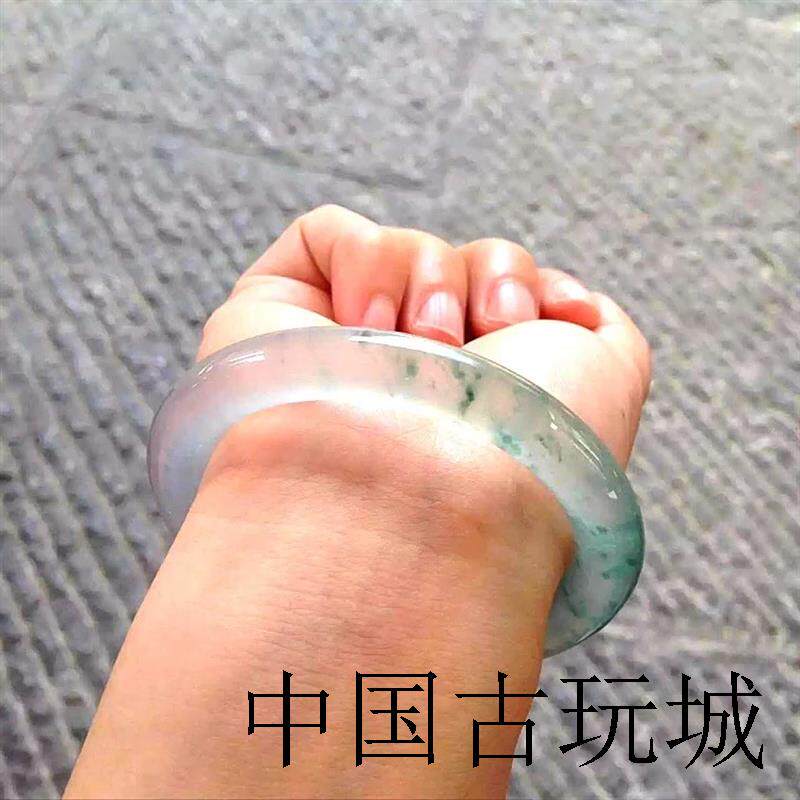 缅甸冰种圆条翡翠色手镯飘绿花贵妃手镯玉镯子女款细条飘花叮当镯