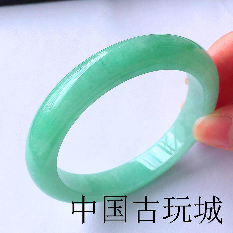 玉镯子女款宽版豆种满绿缅甸翡翠色老坑冰糯种少女处理玉翡翠手镯
