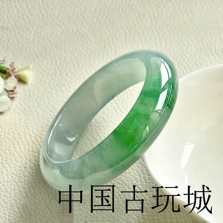 冰种缅甸翡翠手镯正圈圆条飘阳绿白底青玉镯子宽条时尚百搭玉手镯