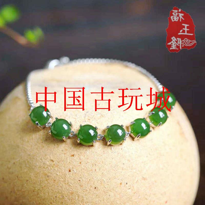 碧玉手串银镶嵌冰种菠菜绿蛋面手