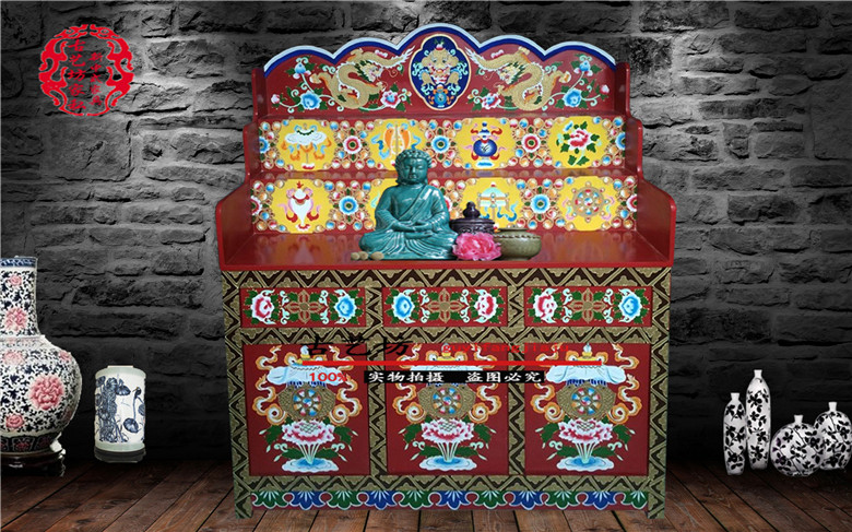 定制三层藏式八宝彩绘佛龛供桌供台实木彩绘佛柜藏传密宗西藏家具