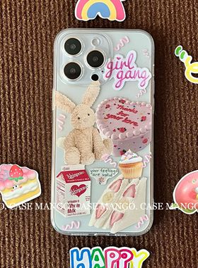 Mango酱原创ins蛋糕兔子贴纸适用于苹果16promax手机壳iphone15透明壳13华为oppo全包11软壳vivo小米三星