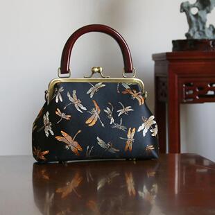 复古织锦民族风中式单肩斜跨实木柄手提旗袍女包包 灵莲原创