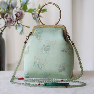 复古织锦圆环手提中式旗袍珠链单肩斜跨禅意宴会女包 灵莲原创