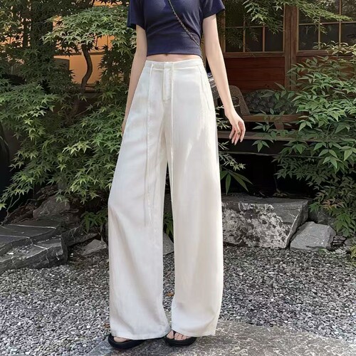 白色亚麻高腰阔腿裤女夏松弛感