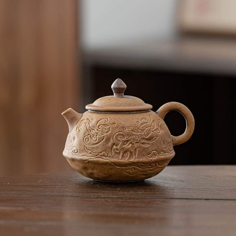老岩泥酱釉茶壶飞天壶圆满壶四方壶承苔藓绿中式功夫茶具陶瓷