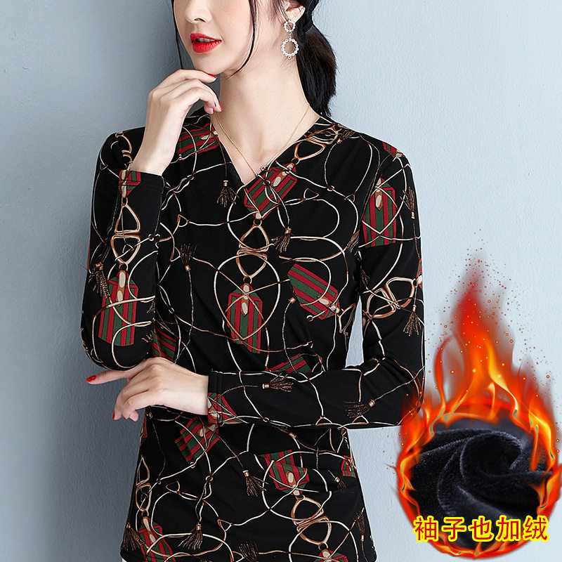 加绒V领豹纹印花打底衫女网纱内搭小衫新款秋冬胖洋气加厚女士上